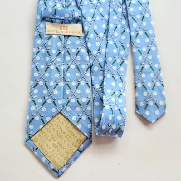 ANGELA MOORE SILK GOLF MEN'S TIE BLUE WHITE SPRING CLUBS GOLF BALLS - Picture 4 of 6